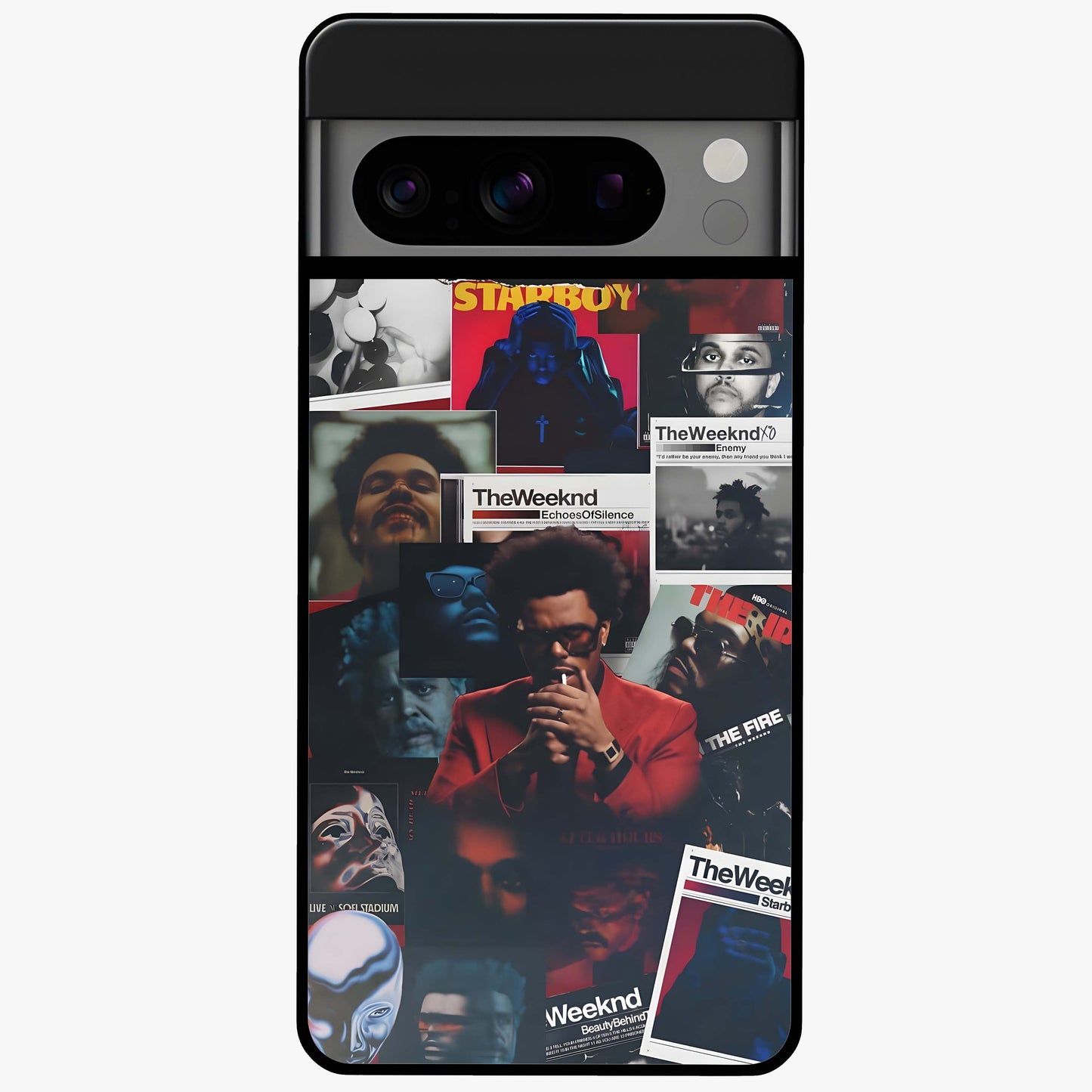 The Weeknd Glass Case showing flat back view with music inspired artistic portrait artwork and glossy glass finish.
