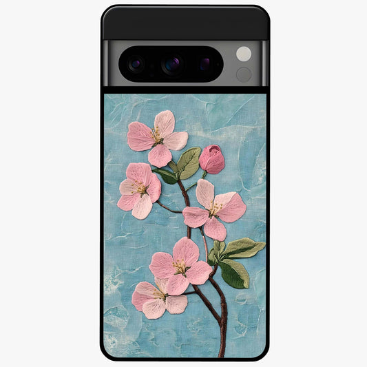 Threaded Blossom Breeze Glass Case showing flat back view with delicate blossom artwork and glossy glass finish.