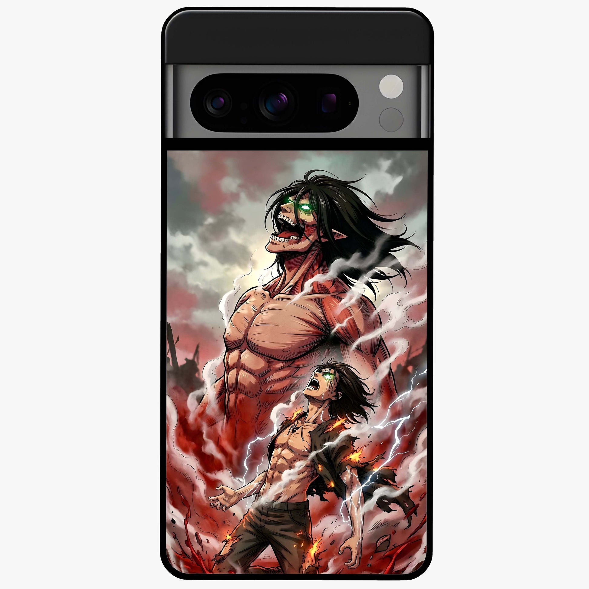 Titan Awakening Fury Glass Case showing flat back view with powerful titan inspired artwork and glossy glass finish.
