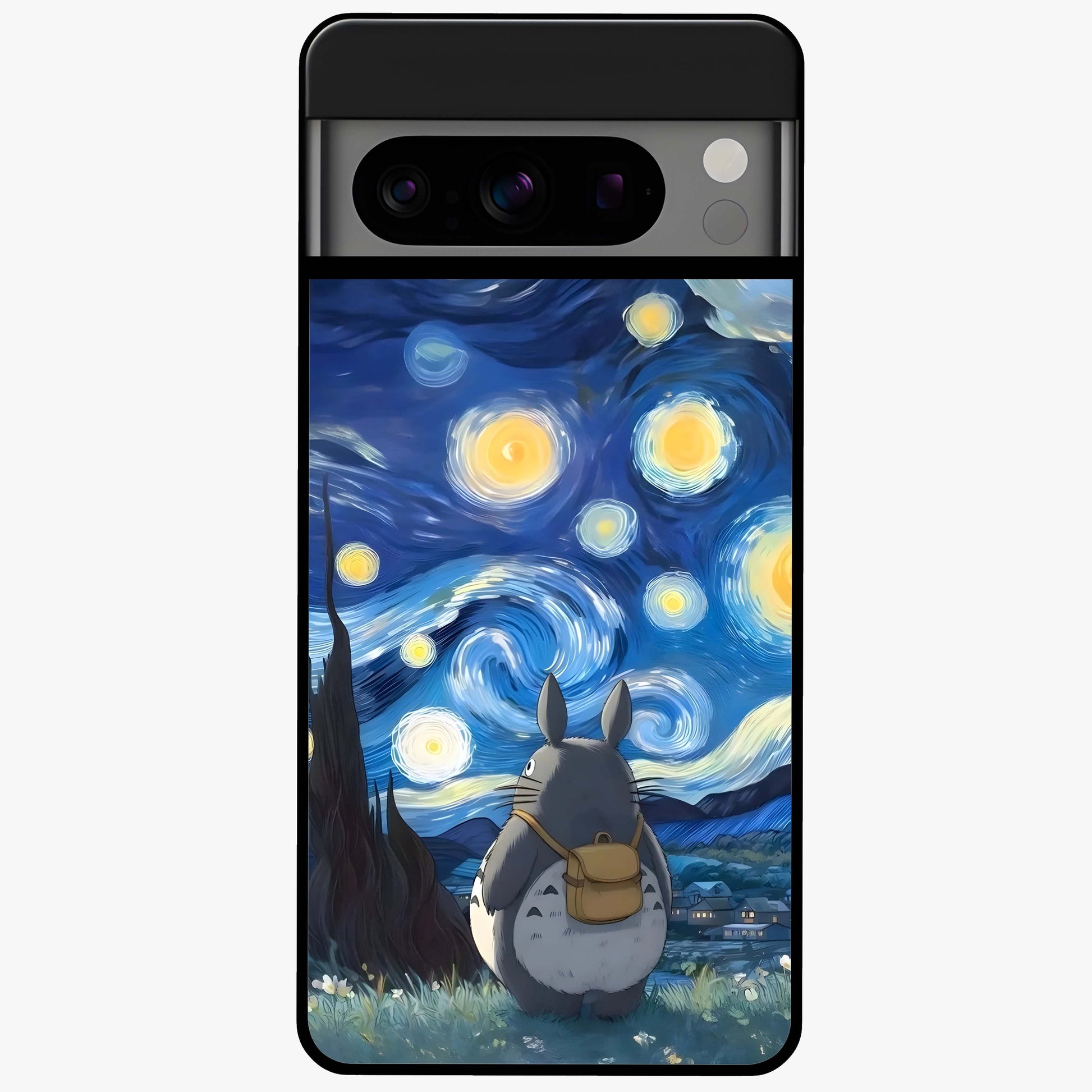 Totoro In Van Gogh Art Glass Case showing flat back view with whimsical character artwork inspired by Van Gogh style and glossy glass finish.