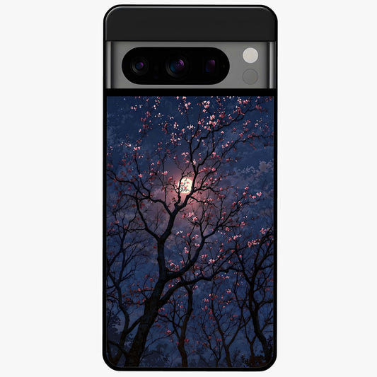 Twilight Sakura Serenade Glass Case showing flat back view with cherry blossom artwork at twilight and glossy glass finish.
