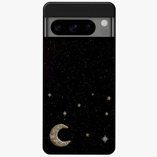 Twinkle Star With Half Moon Glass Case showing flat back view with star and half moon artwork and glossy glass finish.
