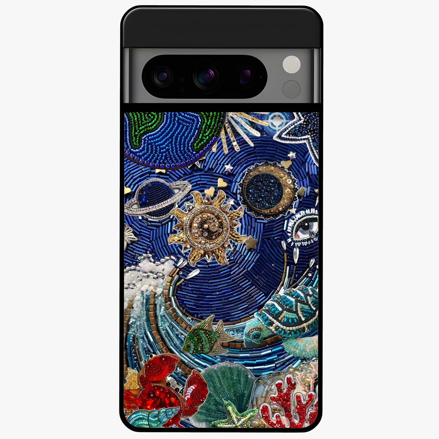 Universe Underwater Spark Glass Case showing flat back view with cosmic underwater themed artwork and glossy glass finish.