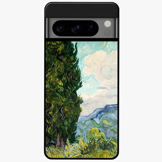Van Gogh Vintage Art Glass Case showing flat back view with vintage painterly artwork inspired by Van Gogh style and glossy glass finish.