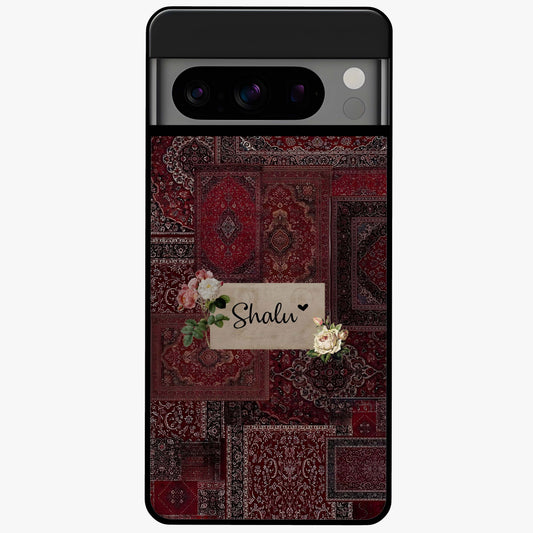 Velvet Wine Pattern Custom Name Glass Case showing flat back view with elegant wine colored pattern artwork and personalized name design.