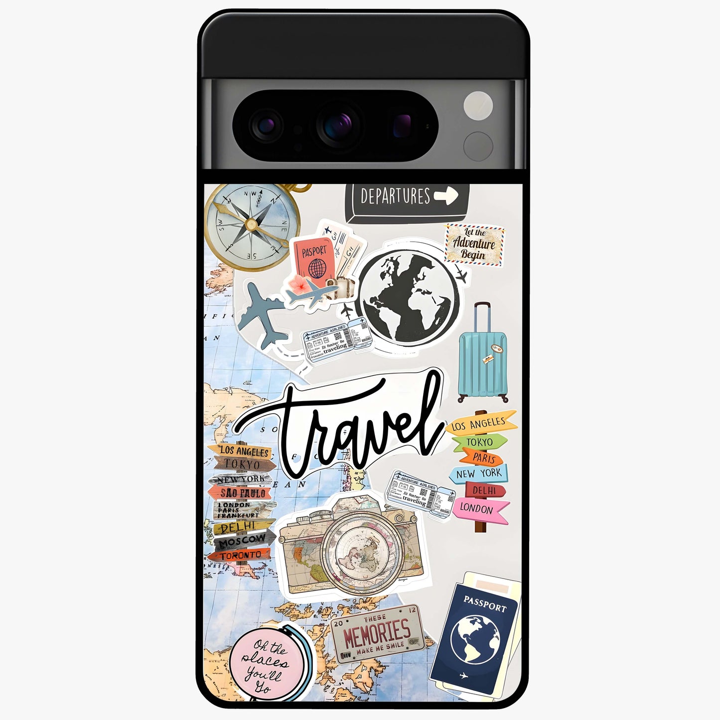 Wanderlust Journal Glass Case showing flat back view with travel inspired artwork and glossy glass finish.