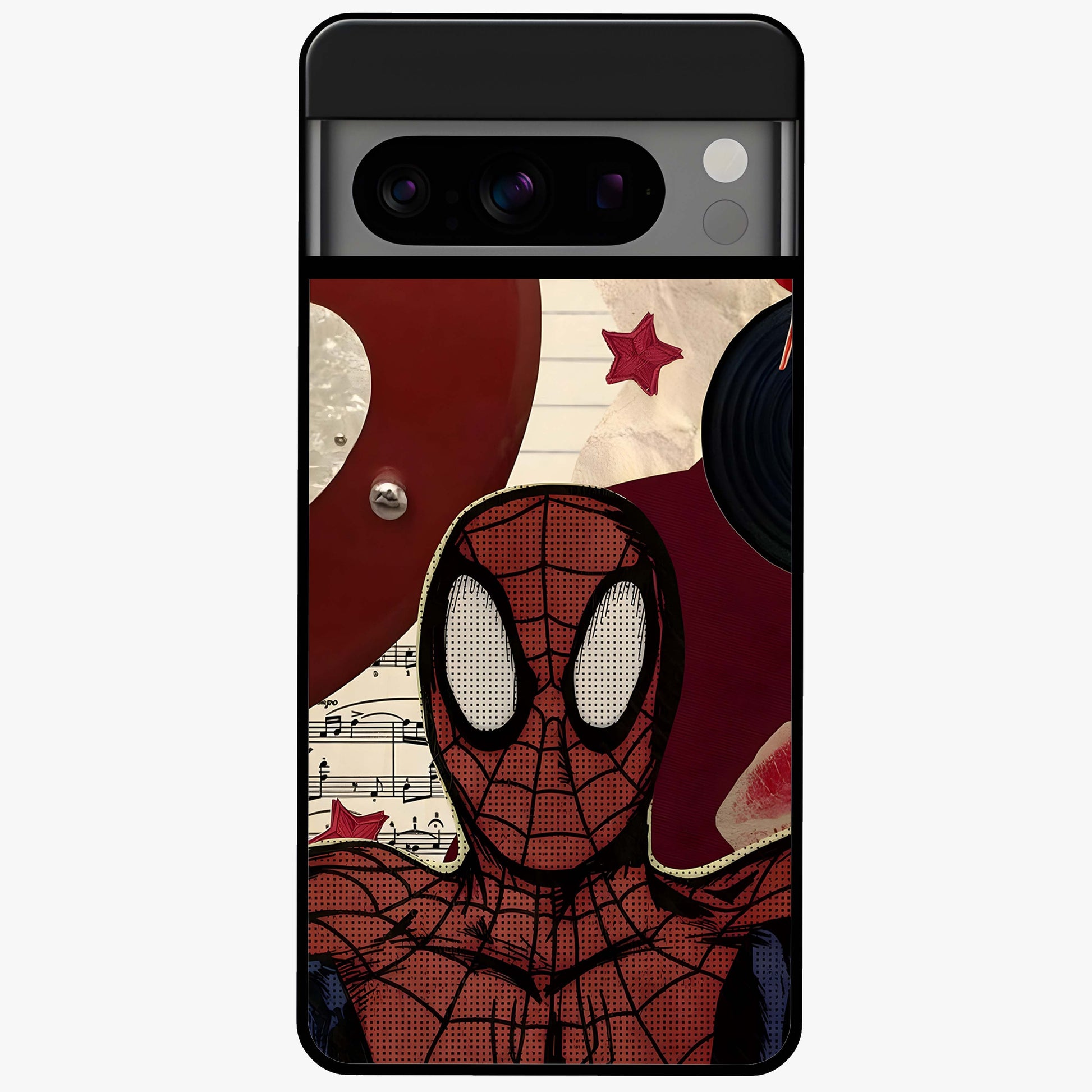 Web Warrior Vibes Glass Case showing flat back view with superhero inspired web themed artwork and glossy glass finish.