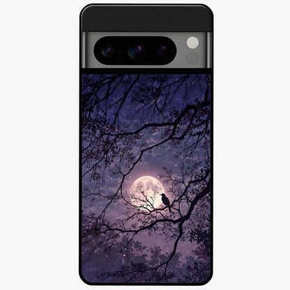Whispering Moon Silence Glass Case showing flat back view with serene moon themed artwork and glossy glass finish.
