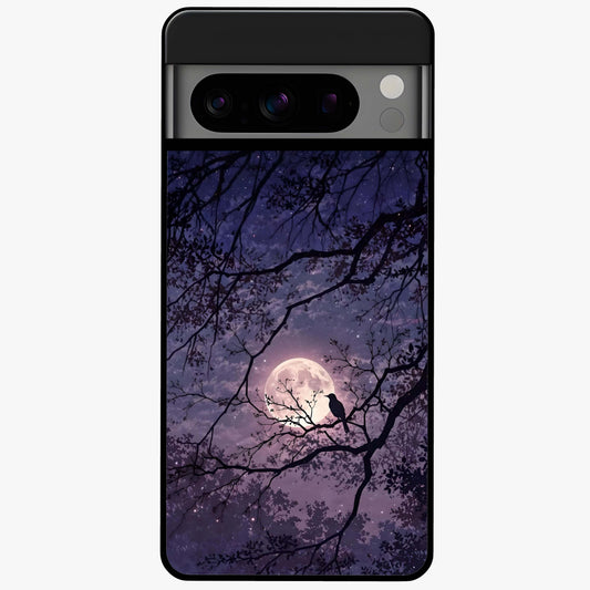 Whispering Moon Silence Glass Case showing flat back view with serene moon themed artwork and glossy glass finish.