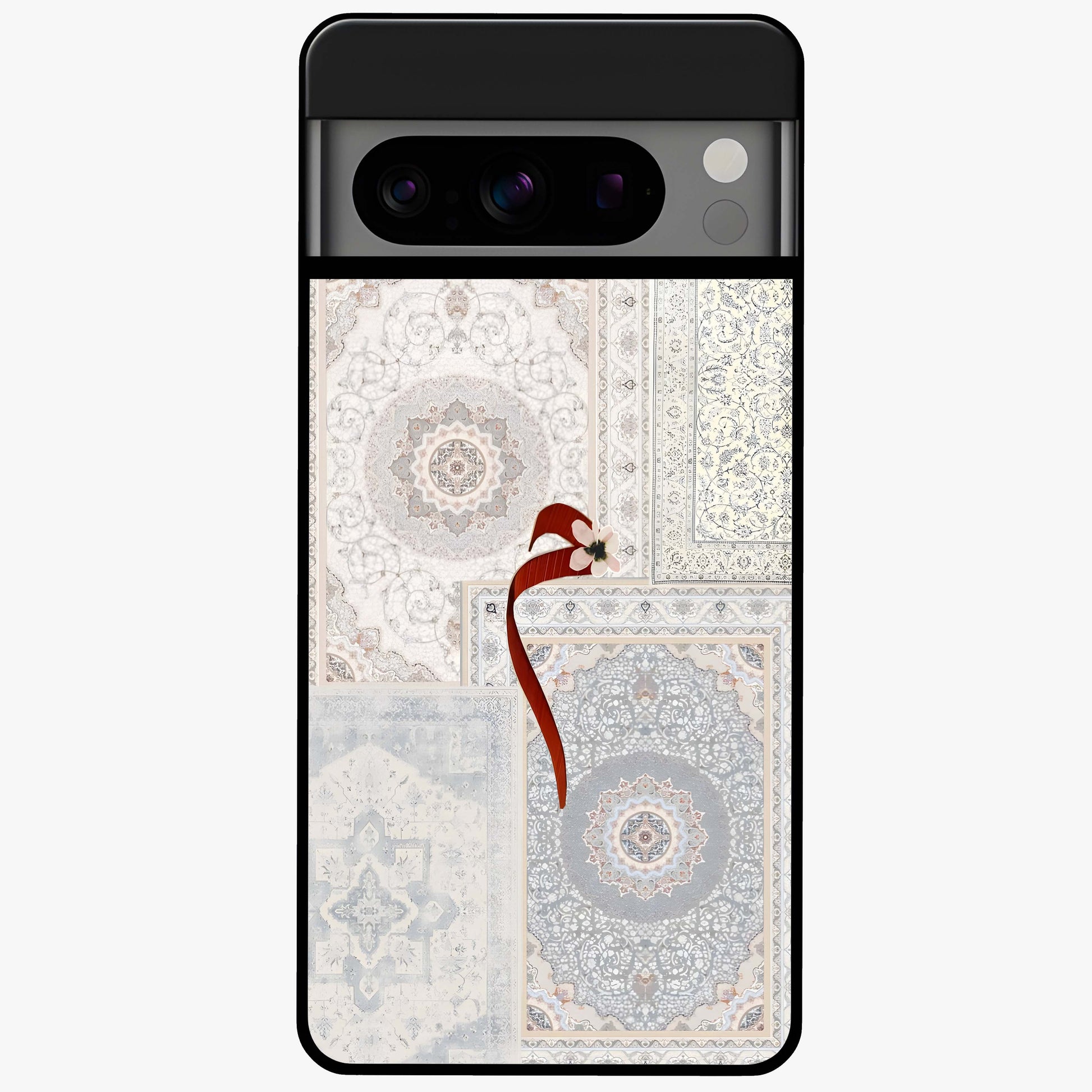 White Aesthetic Bow Glass Case showing flat back view with minimal bow artwork and glossy glass finish.