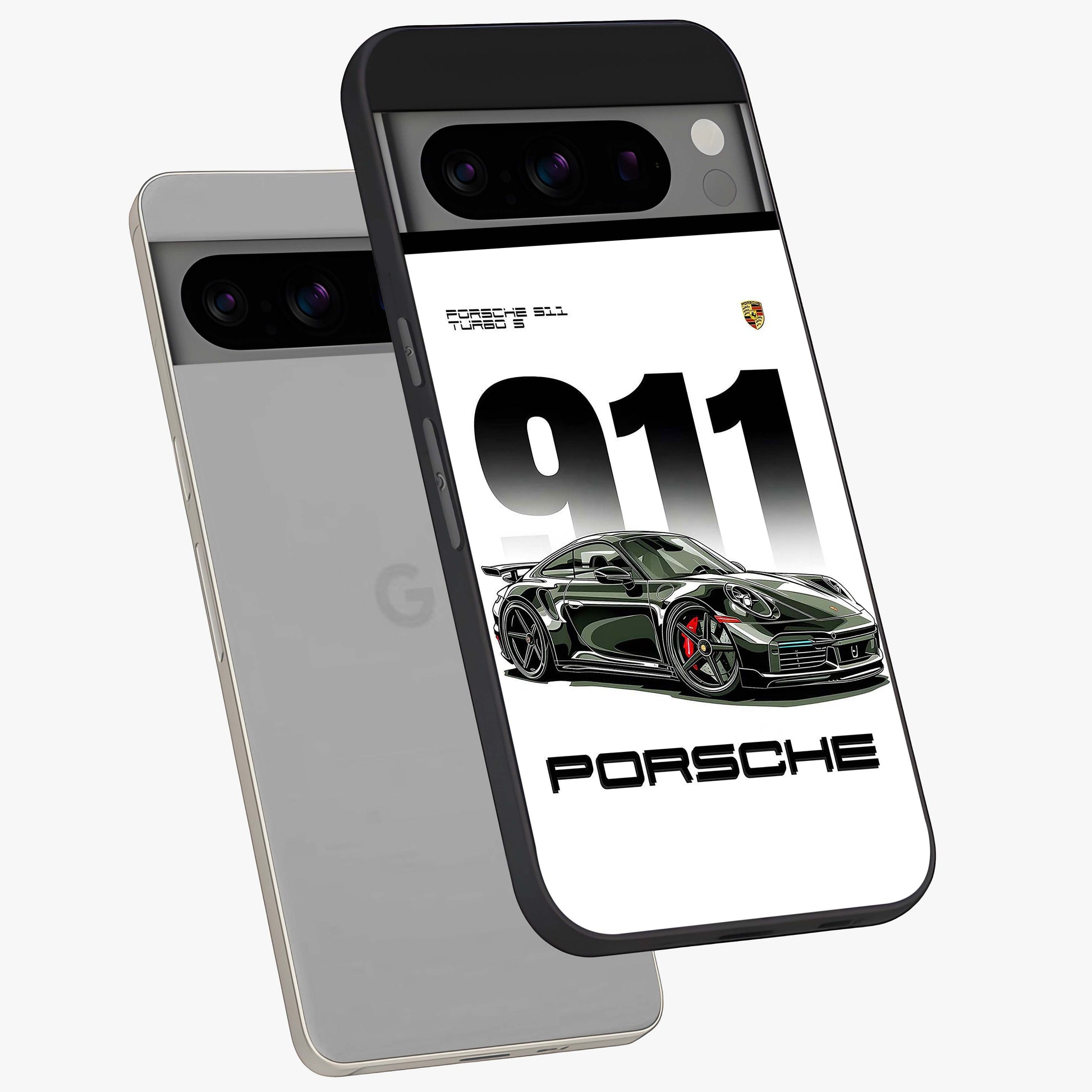 911 Turbo Dominance Glass Case displayed in premium angled mockup highlighting sporty car illustration and sleek glass surface.