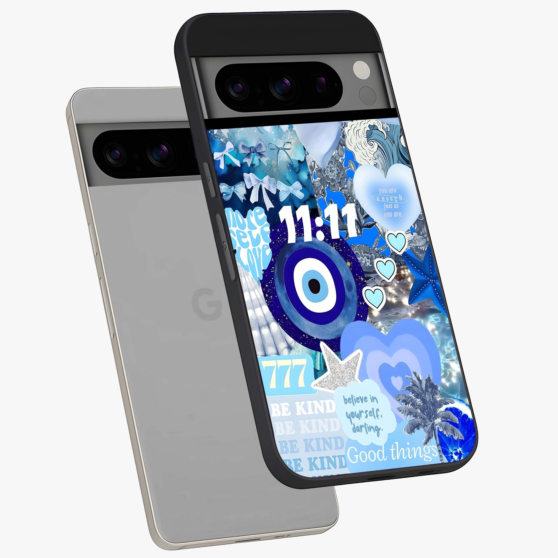 Aesthetic Be Kind Eye Glass Case displayed in angled mockup highlighting aesthetic eye design and inspirational vibe.