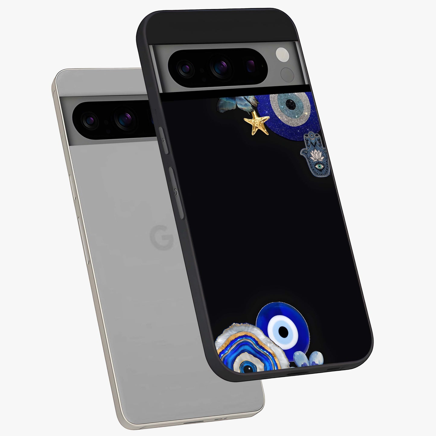 Aesthetic Blue Evil Eye Glass Case displayed in angled mockup highlighting blue evil eye symbol and spiritual aesthetic design.