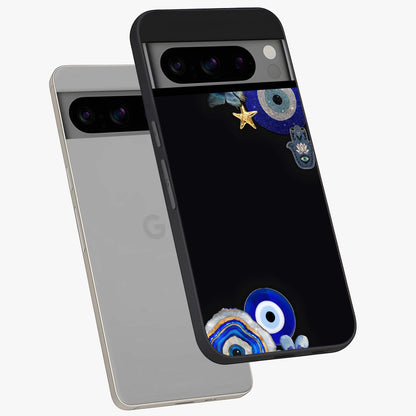 Aesthetic Blue Evil Eye Glass Case displayed in angled mockup highlighting blue evil eye symbol and spiritual aesthetic design.