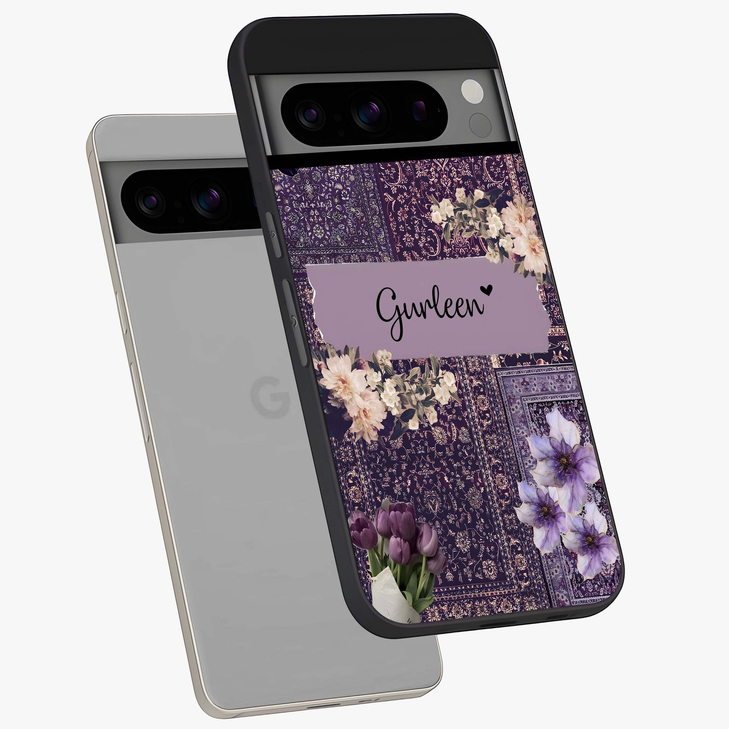 Antique Floral Whisper Custom Name Glass Case displayed in angled mockup highlighting elegant antique floral aesthetic.