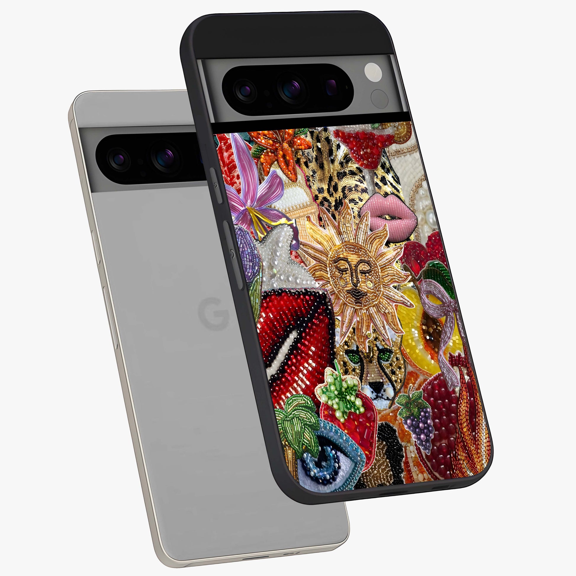 Beaded Fashion Jungle Glass Case displayed in angled mockup highlighting colorful fashion bead design and artistic pattern.