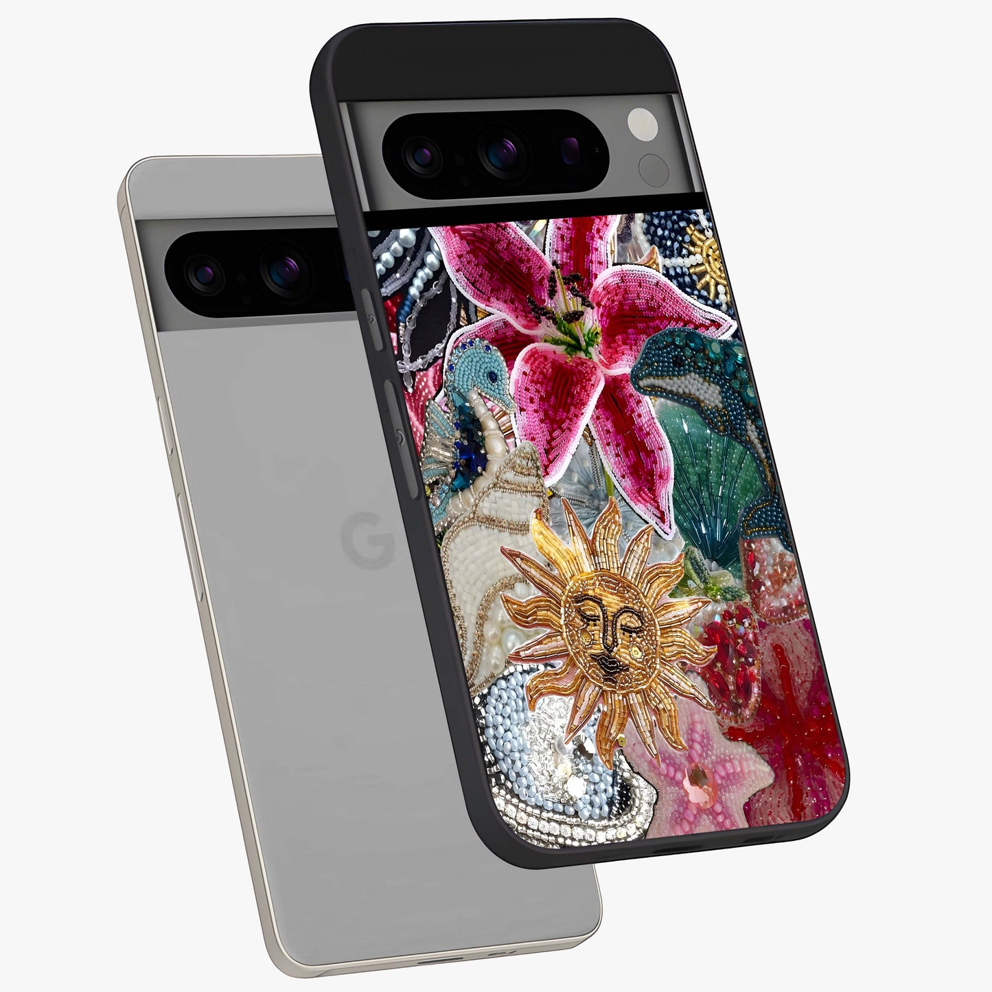 Beaded Garden Fantasy Glass Case displayed in angled mockup highlighting fantasy inspired floral bead pattern.