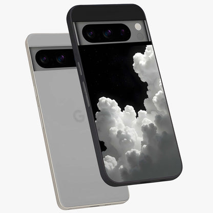 Black Background With White Cloud Glass Case displayed in angled mockup highlighting soft white cloud illustration and minimal design.