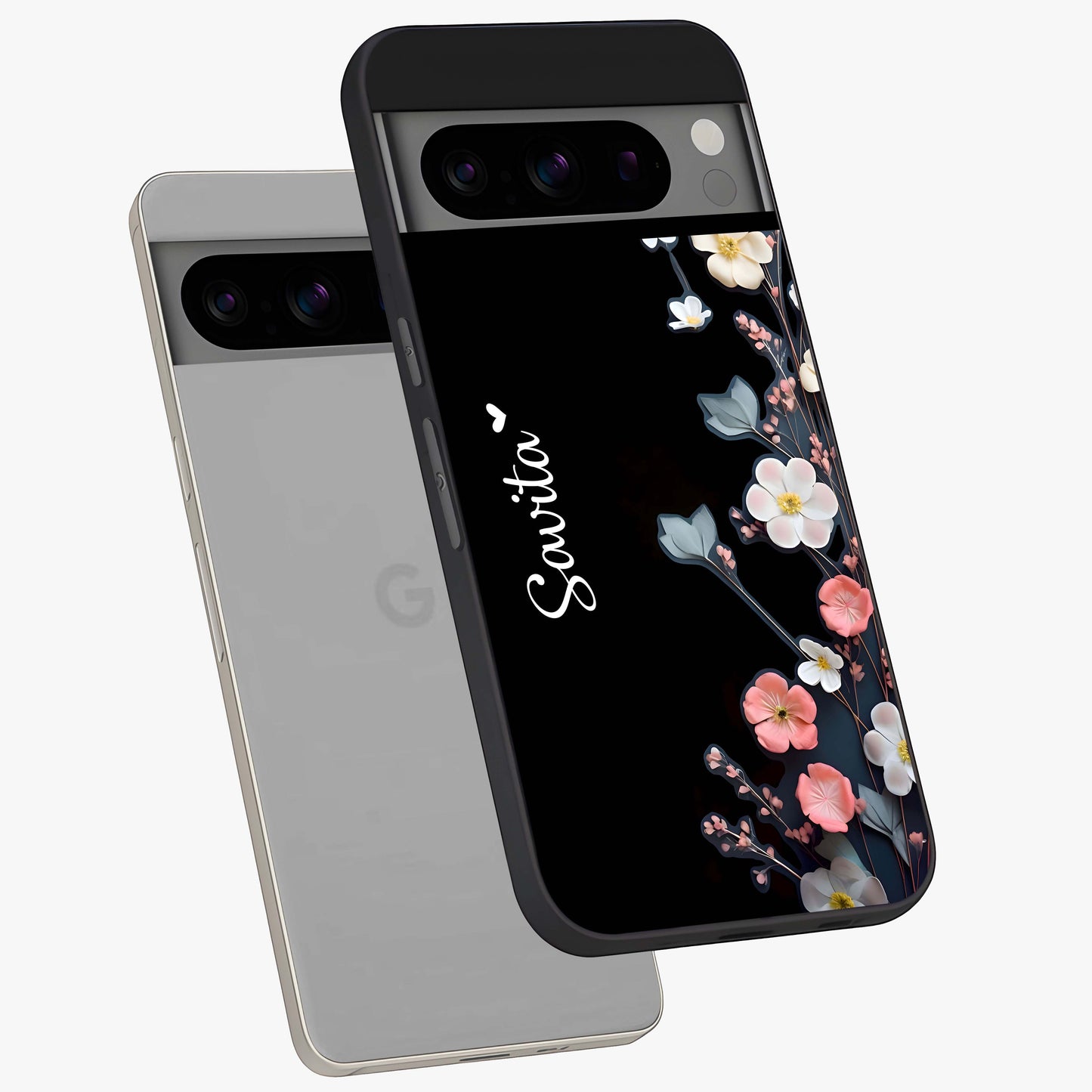 Black Elegance Floral Custom Name Glass Case displayed in angled mockup highlighting dark floral aesthetic and custom name feature.
