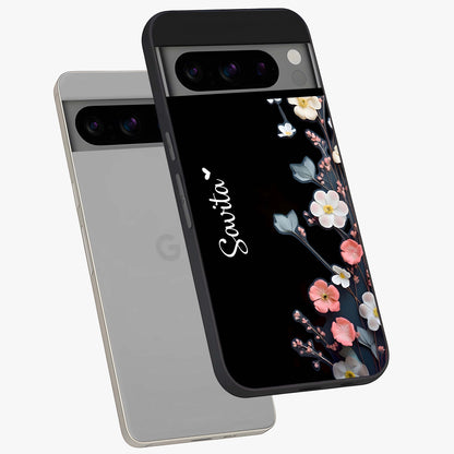 Black Elegance Floral Custom Name Glass Case displayed in angled mockup highlighting dark floral aesthetic and custom name feature.