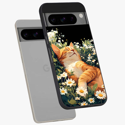 Blissful Bloom Cat Glass Case displayed in angled mockup highlighting playful feline illustration with soft floral aesthetic.