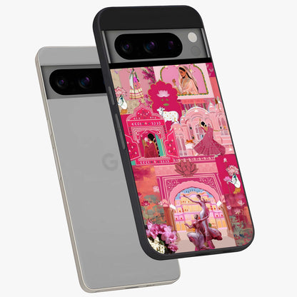 Blossoms of Rajasthan Glass Case displayed in angled mockup highlighting vibrant floral pattern with cultural aesthetic style.