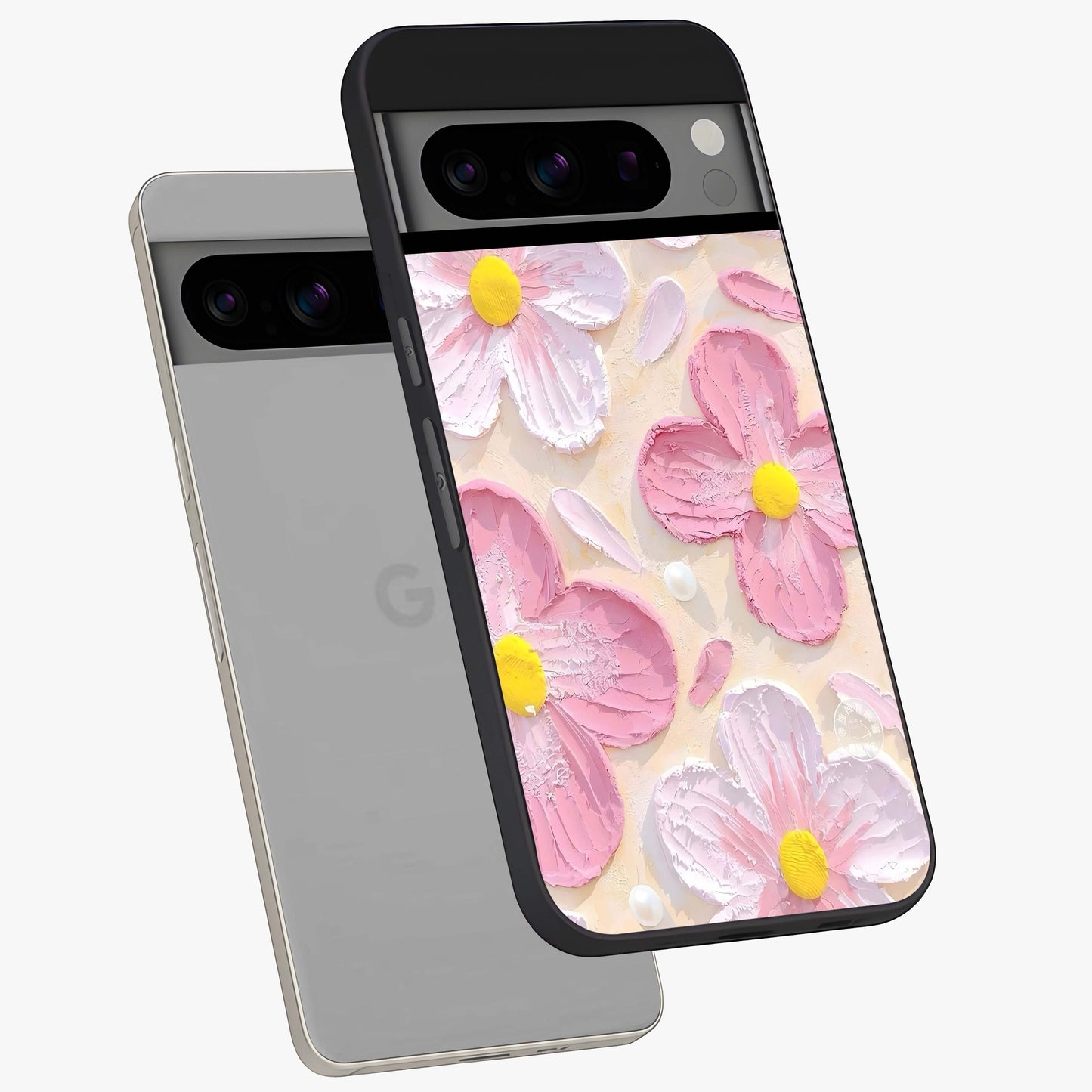 Blush Bloom Texture Glass Case displayed in angled mockup highlighting subtle bloom pattern with aesthetic pastel design.