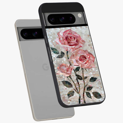 Blush Mosaic Bloom Glass Case displayed in angled mockup highlighting artistic mosaic flower pattern with aesthetic design.