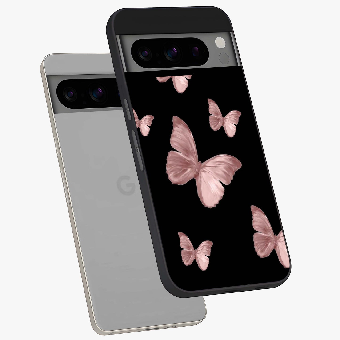Butterfly Pattern Glass Case displayed in angled mockup highlighting delicate butterfly design and aesthetic pattern style.