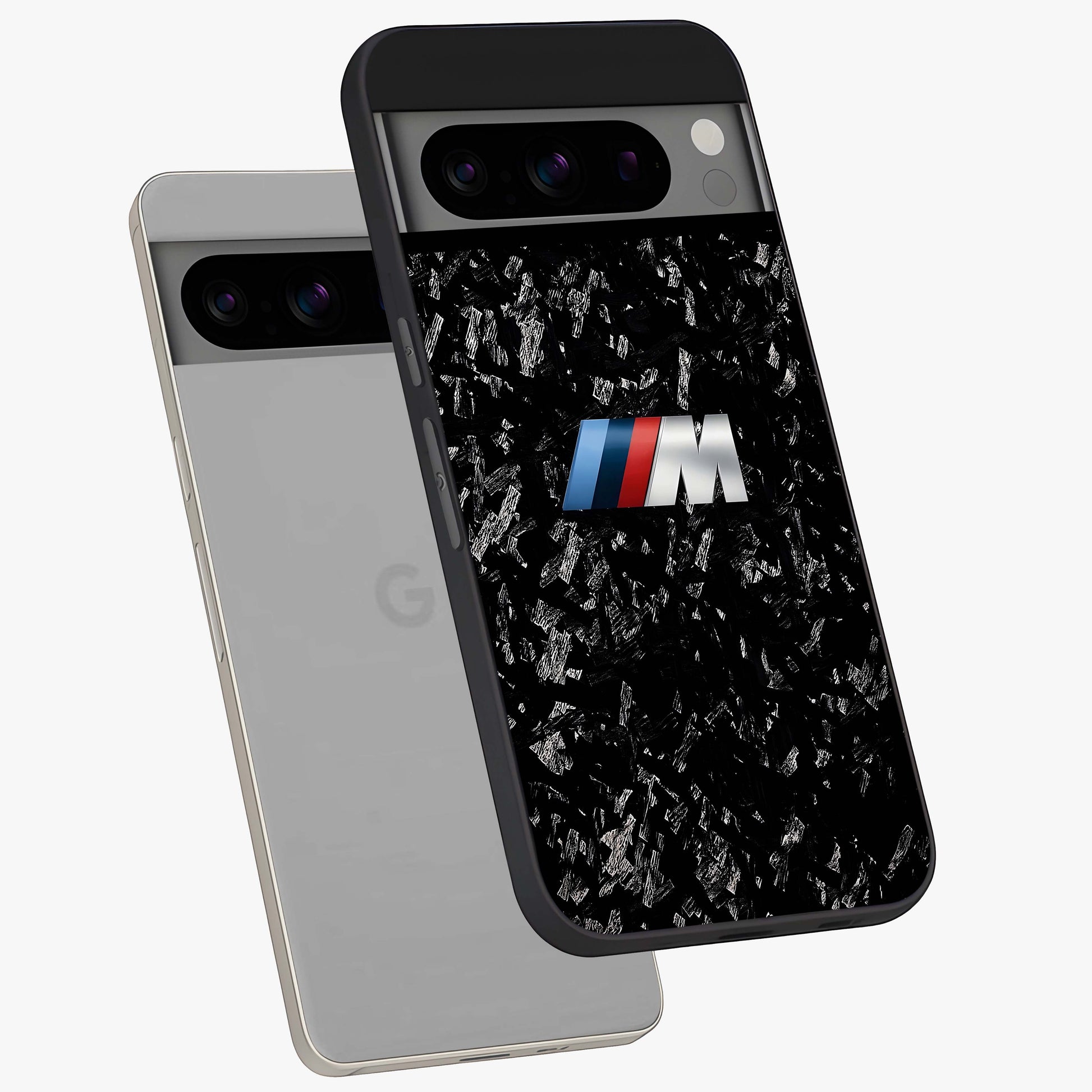 Carbon Speed Mark Glass Case displayed in angled mockup highlighting racing inspired carbon design and sleek aesthetic style.