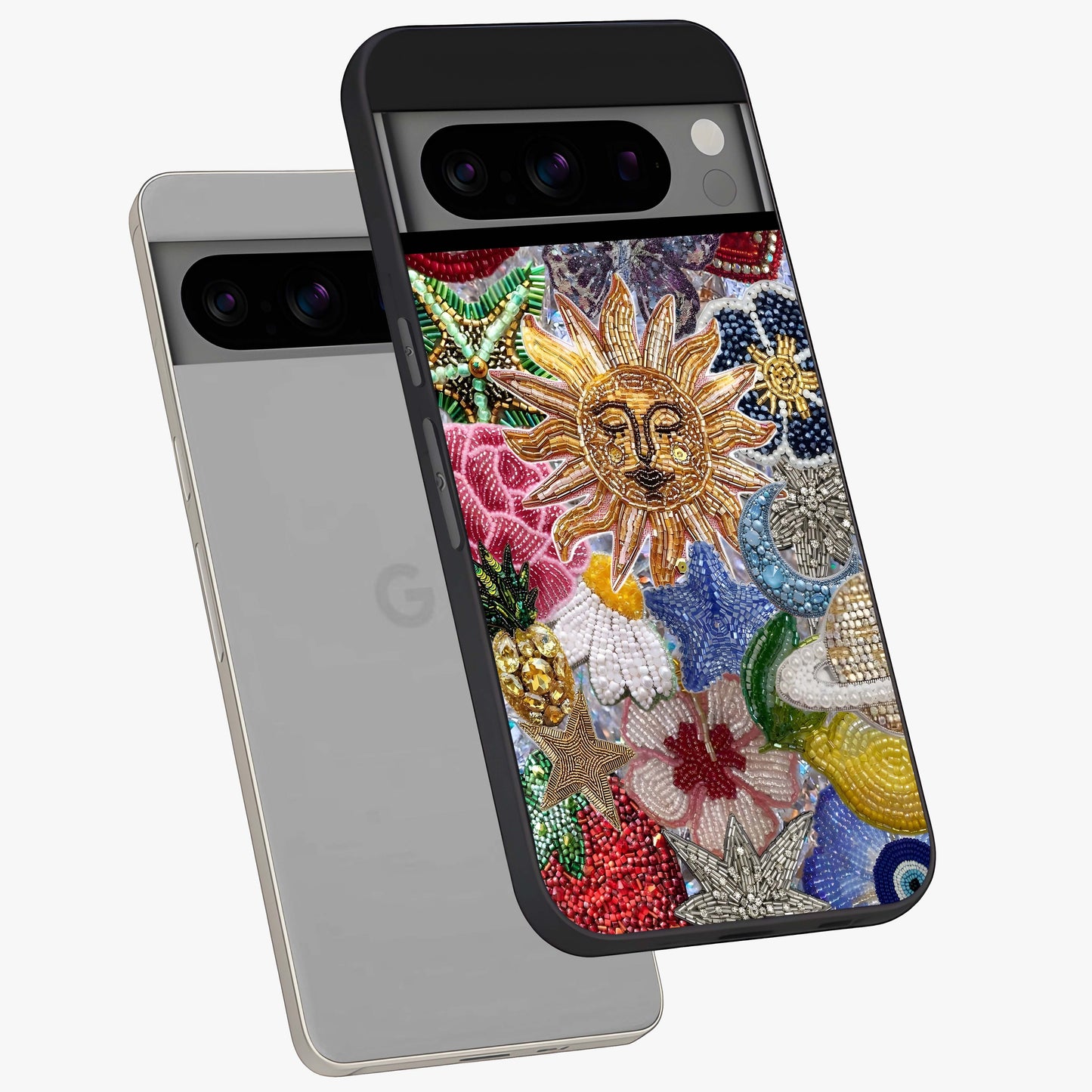 Celestial Floral and Playful Glass Case displayed in angled mockup highlighting playful floral design with dreamy celestial elements.