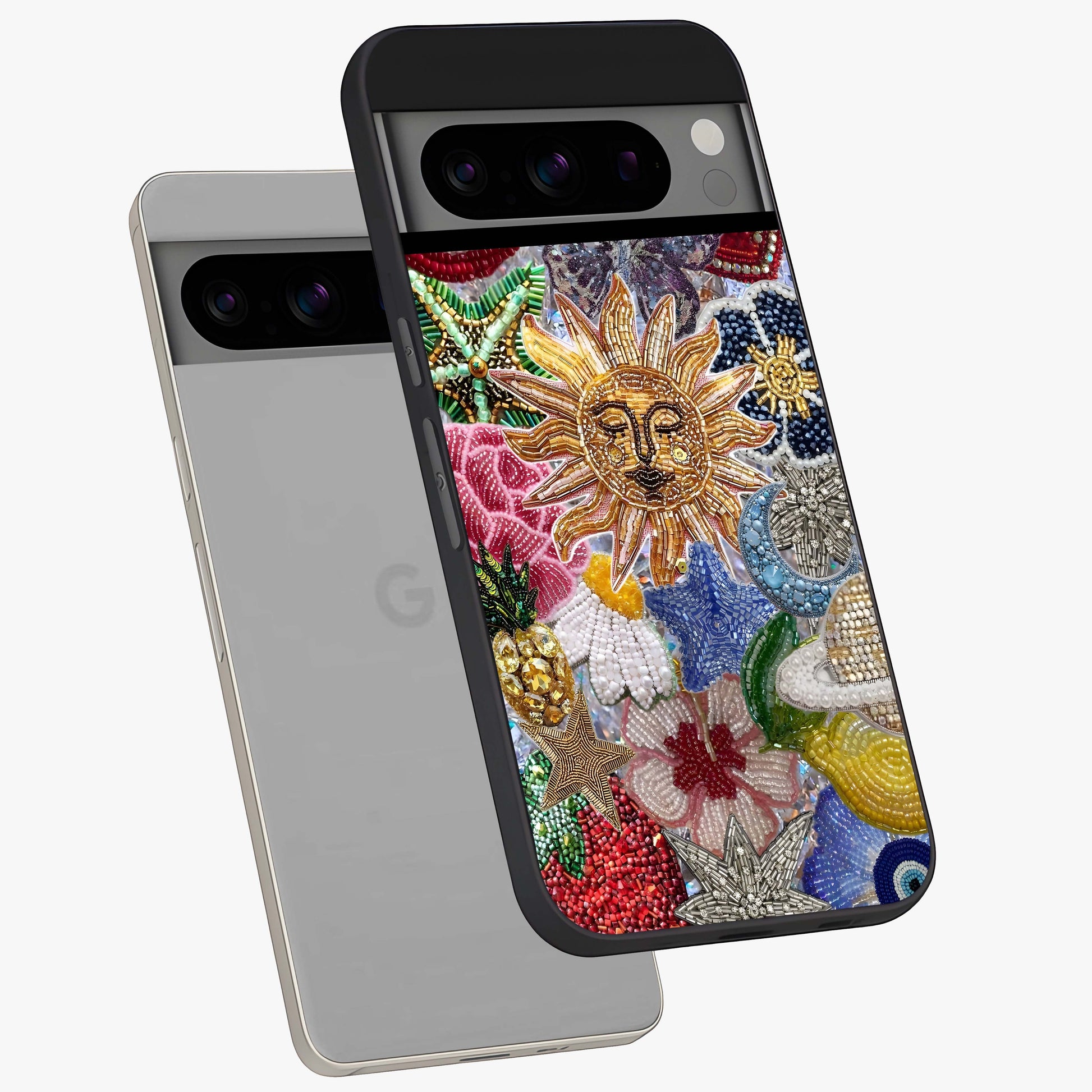 Celestial Floral and Playful Glass Case displayed in angled mockup highlighting playful floral design with dreamy celestial elements.