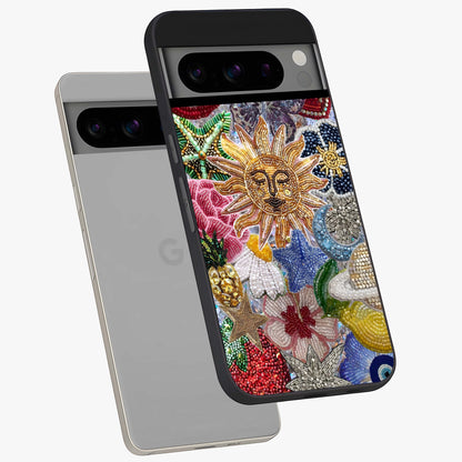 Celestial Floral and Playful Glass Case displayed in angled mockup highlighting playful floral design with dreamy celestial elements.