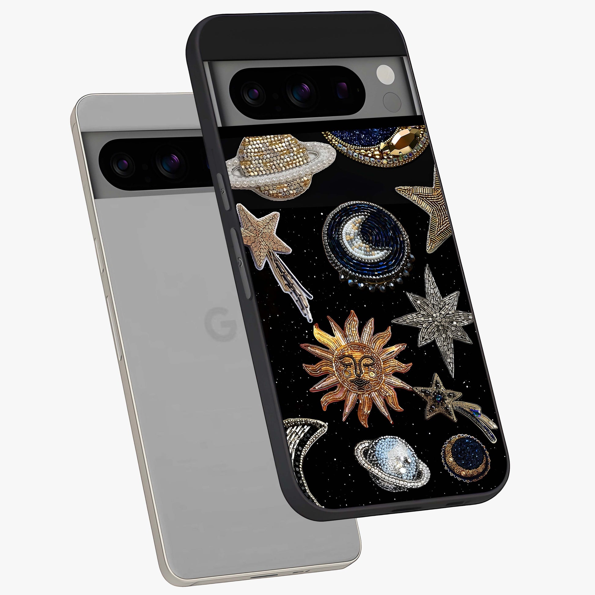 Celestial Gem Constellations Glass Case displayed in angled mockup highlighting gemstone inspired constellation design.