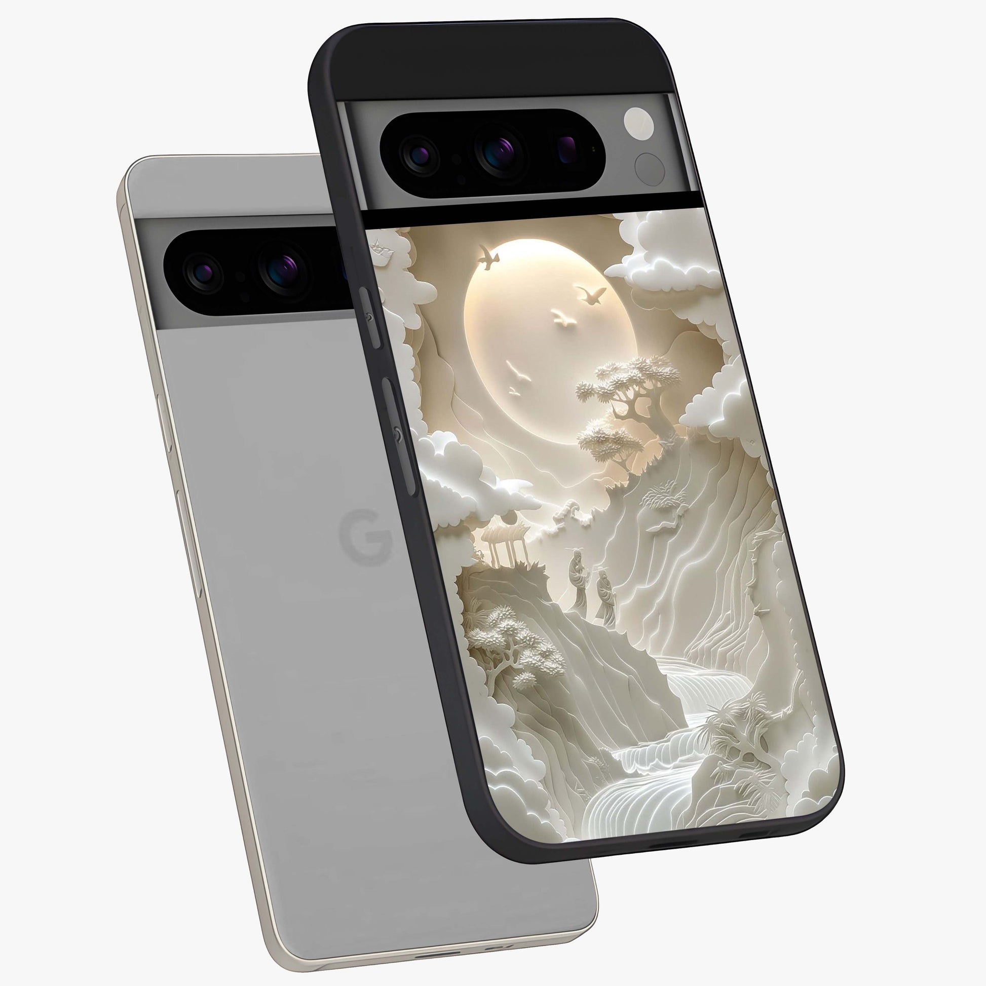 Celestial Origami Glass Case displayed in angled mockup highlighting geometric origami design with cosmic aesthetic theme.