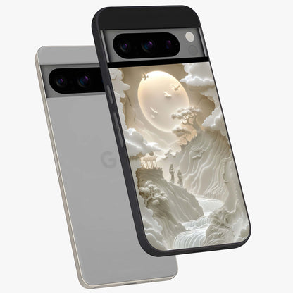 Celestial Origami Glass Case displayed in angled mockup highlighting geometric origami design with cosmic aesthetic theme.