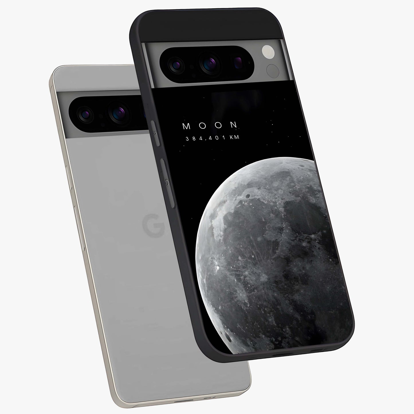 Cosmic Moon Glow Glass Case displayed in angled mockup highlighting celestial moon design with cosmic aesthetic theme.
