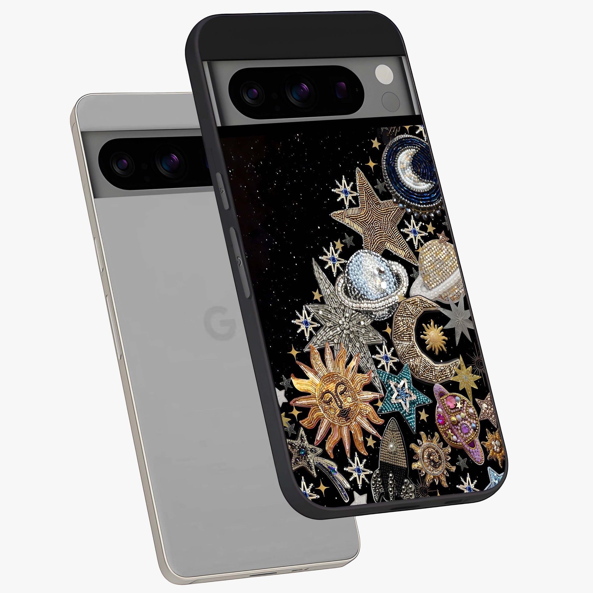 Cosmic Sparkle Dreams Glass Case displayed in angled mockup highlighting dreamy star sparkle design with celestial aesthetic.