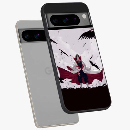 Crimson Crow Ascension Glass Case displayed in angled mockup highlighting powerful crow illustration with dark crimson aesthetic.