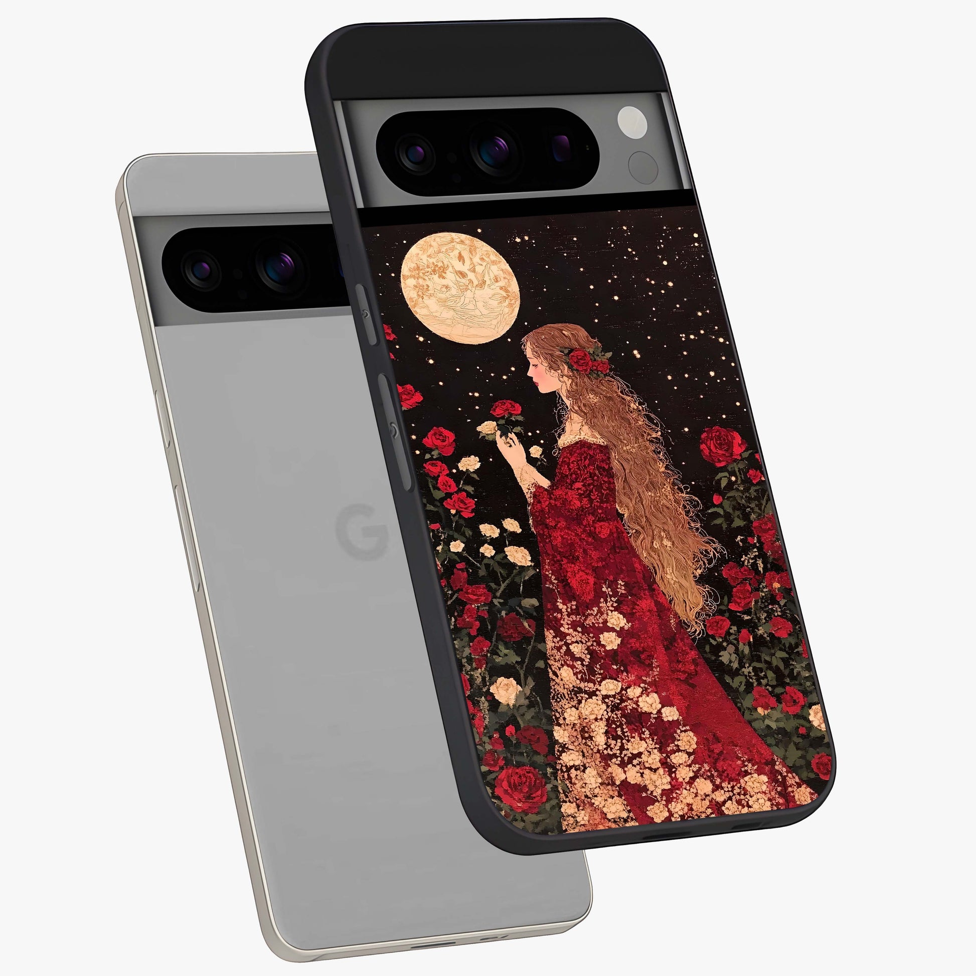 Crimson Dreams Glass Case displayed in angled mockup highlighting soft crimson aesthetic design with artistic theme.