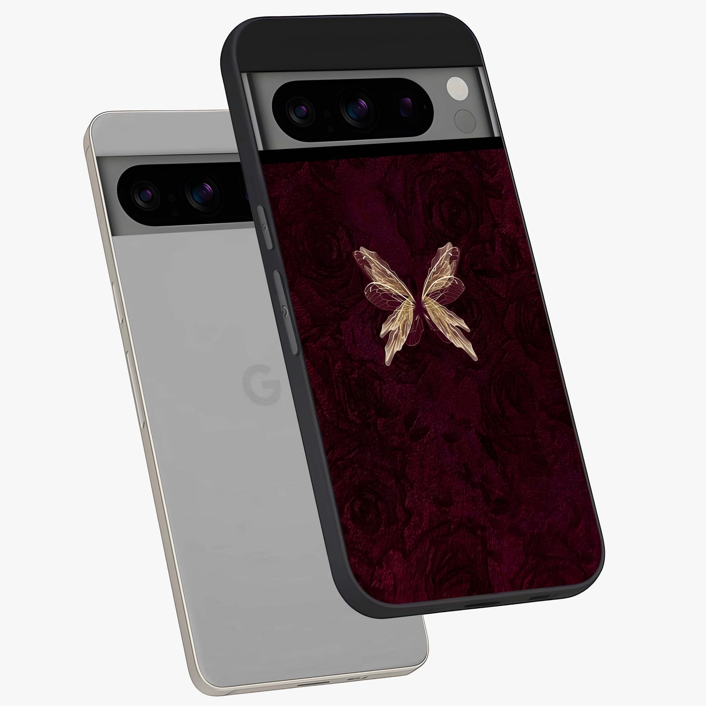 Crimson Fade Butterfly Glass Case displayed in angled mockup highlighting elegant butterfly design with crimson gradient aesthetic.