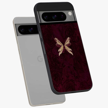 Crimson Fade Butterfly Glass Case displayed in angled mockup highlighting elegant butterfly design with crimson gradient aesthetic.