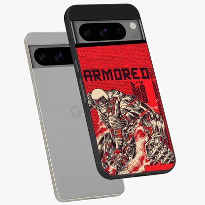 Crimson Mecha Titan Glass Case displayed in angled mockup highlighting futuristic mech illustration with bold crimson aesthetic.