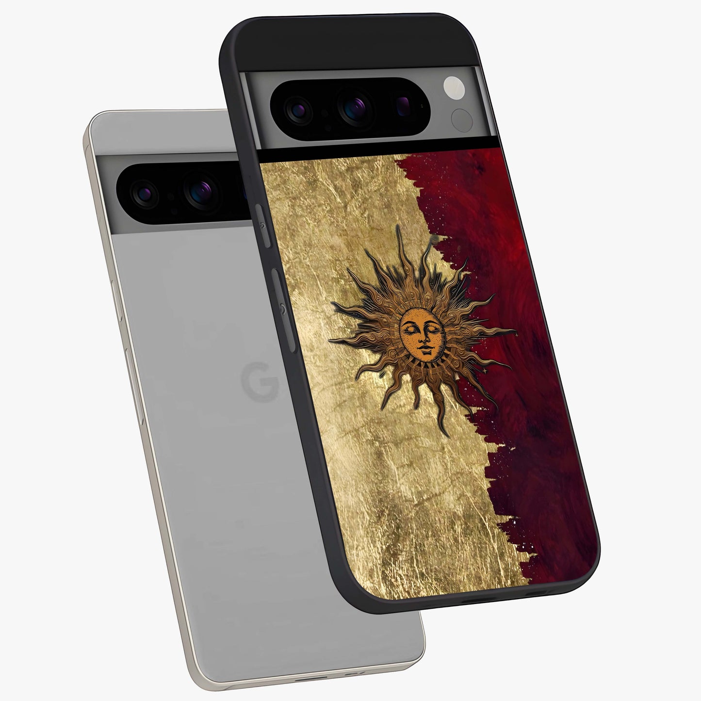 Crimson Sun Majesty Glass Case displayed in angled mockup highlighting majestic crimson sun design with bold aesthetic style.