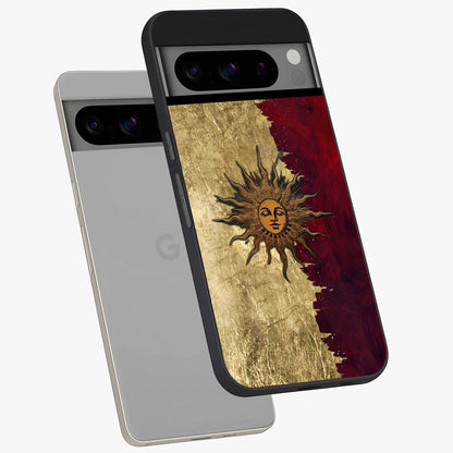 Crimson Sun Majesty Glass Case displayed in angled mockup highlighting majestic crimson sun design with bold aesthetic style.