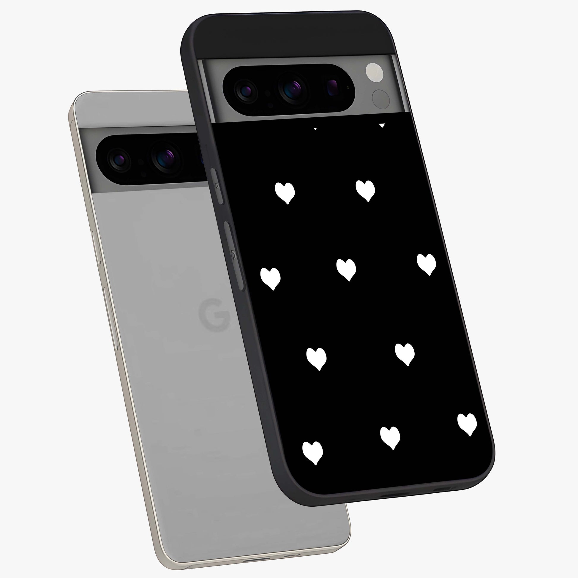 Cute And Simple White Hearts Glass Case displayed in angled mockup highlighting cute heart design with clean aesthetic style.
