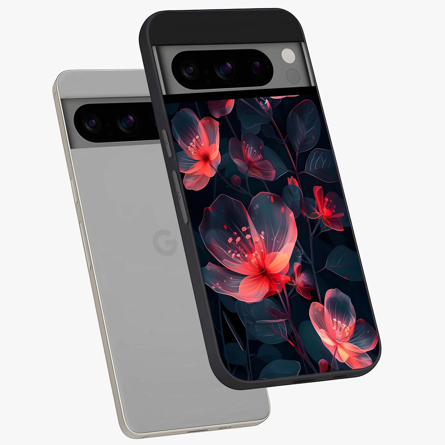 Dark Shade of Flower Glass Case displayed in angled mockup highlighting moody floral illustration with aesthetic dark tones.