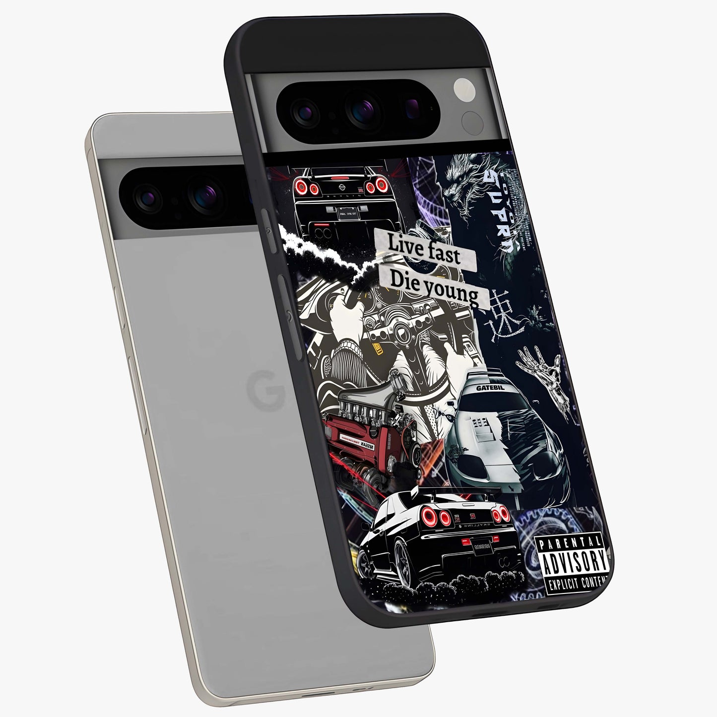 Die Young Glass Case displayed in angled mockup highlighting expressive graphic artwork with edgy aesthetic style.