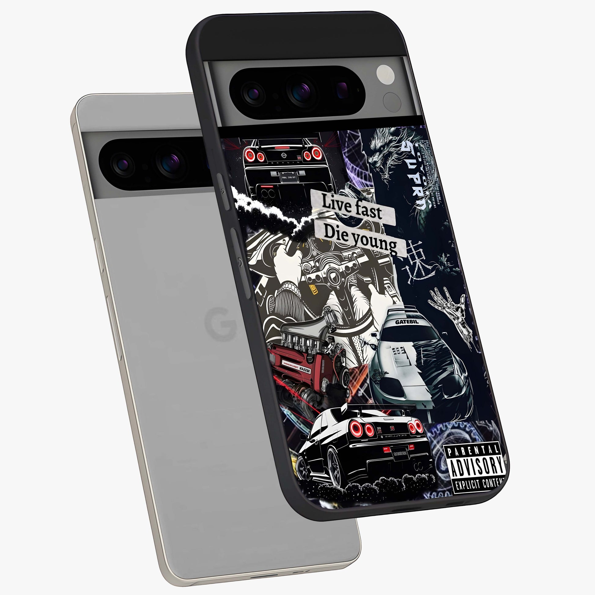 Die Young Glass Case displayed in angled mockup highlighting expressive graphic artwork with edgy aesthetic style.