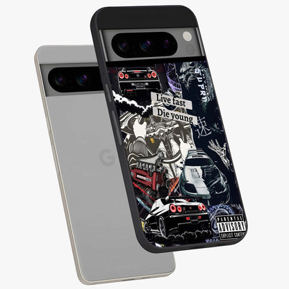 Die Young Glass Case displayed in angled mockup highlighting expressive graphic artwork with edgy aesthetic style.
